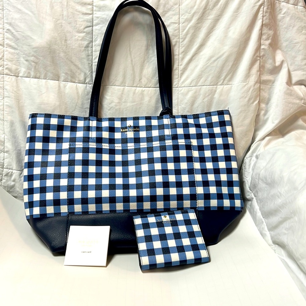 Kate Spade blue and white gingham tote and wallet.